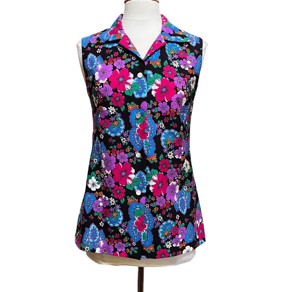 Vtg 70's JCPenney Hawaiian Tropical Groovy‎ Button Up Floral Sleeveless Top Med
